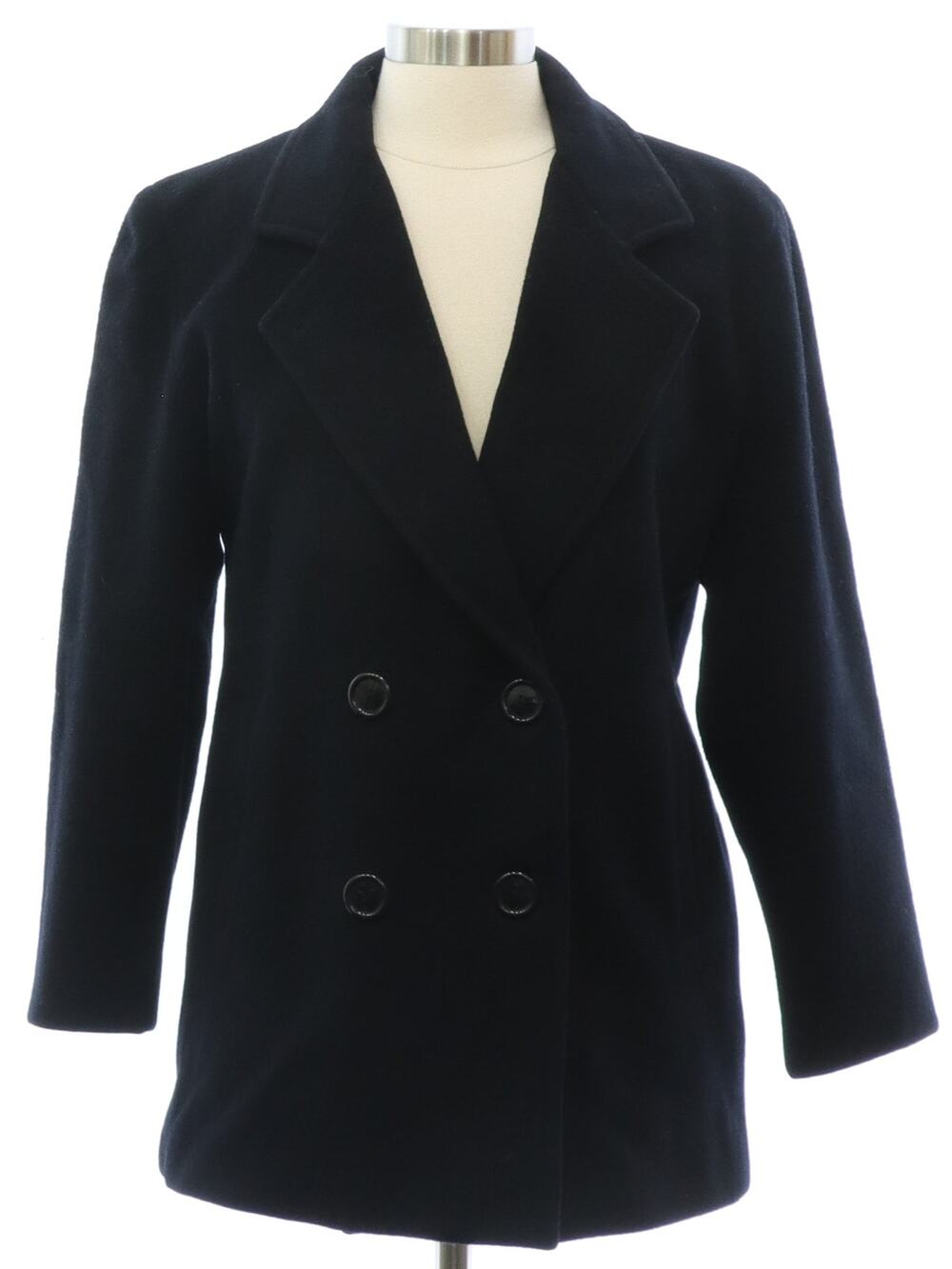 Vintage 90s Black Wool Pea Coat Double Breasted Women’s Medium Leslie Fay